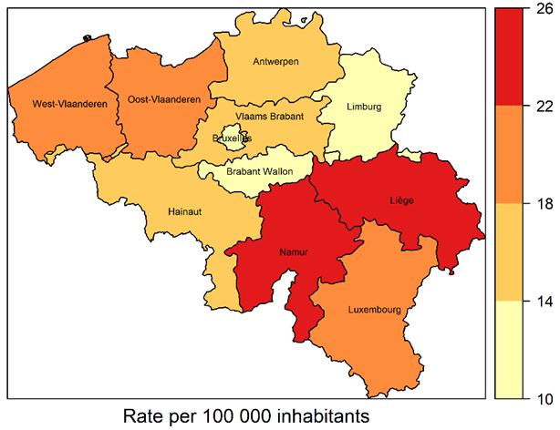 Taux de suicide (ajusté pour l'âge) pour 100 000 pop. par province (2015)