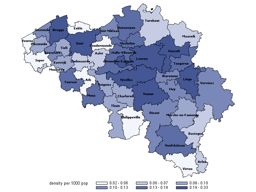 Densité de psychiatres actifs : nombre de psychiatres actifs par 1000 pop. (2016)