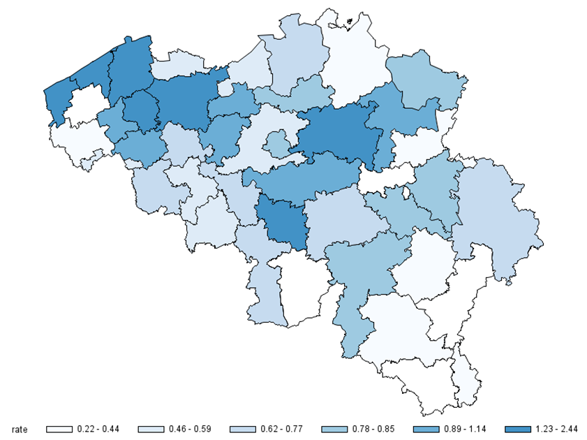 Proportion (%) d'admissions aux urgences pour des problèmes mentaux, sociaux ou psychologiques ou pour tentative de suicide par arrondissement (2016)