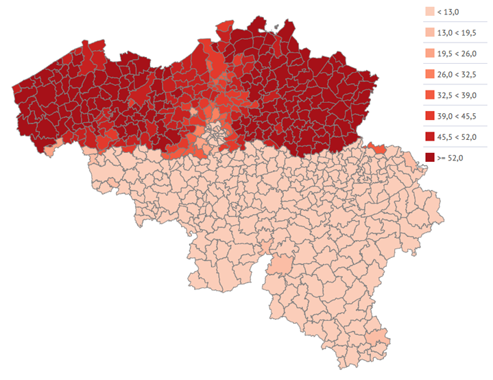 Coverage of organised breast cancer screening  in women 50-69 years old, by municipality (2016)