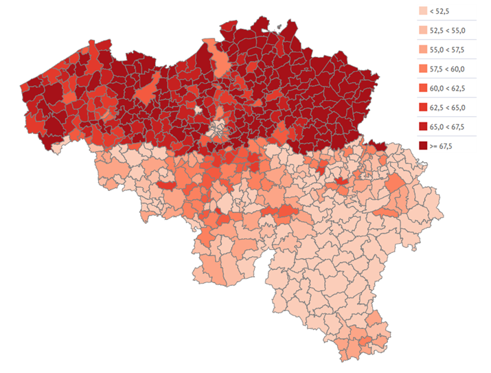 Total coverage of breast cancer screening  in women 50-69 years old, by municipality (2016)